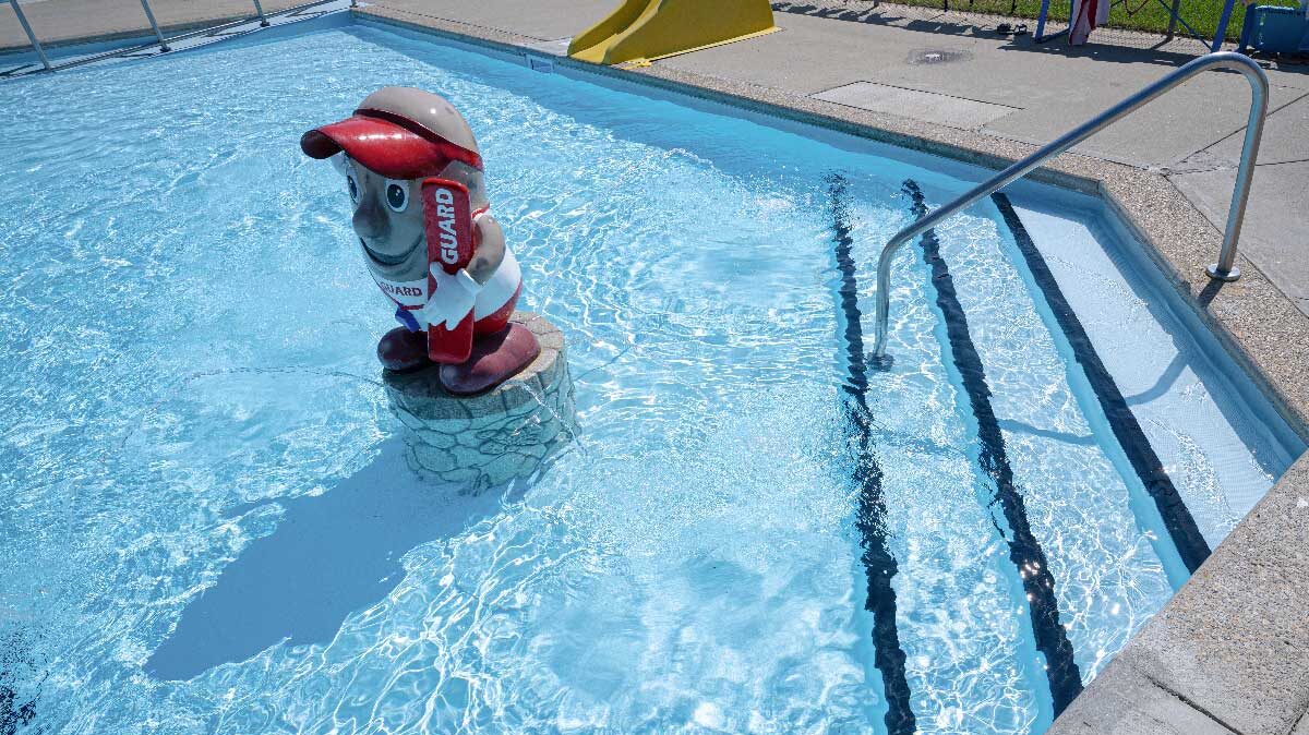 Bow-Island_Pinto-MacBean1 Bow island mascot MacBean in the pool